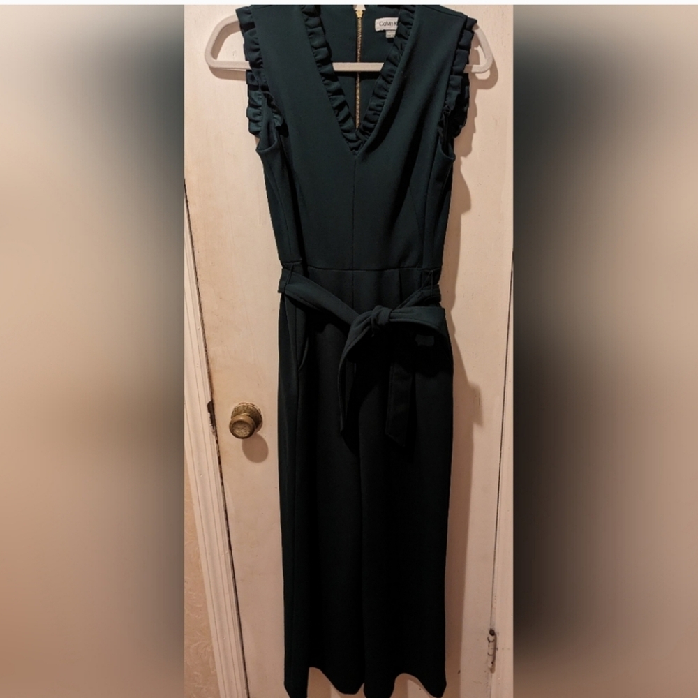 CALVIN KLEIN SLEEVELESS, RUFFLE TRIM, WIDE LEG CROP JUMP SUIT